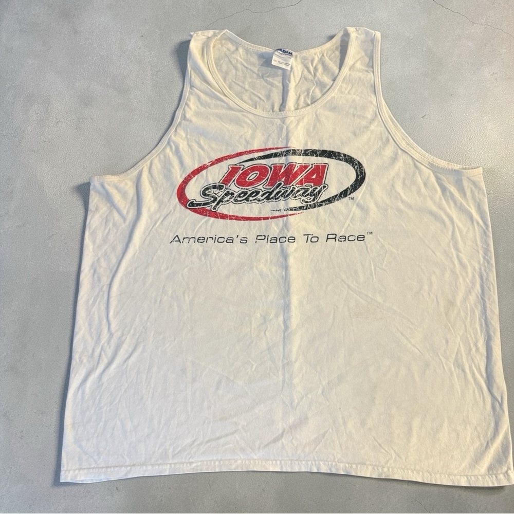 Iowa Speedway Tank Top Shirt White Graphic Racing “America’s Place To Race”